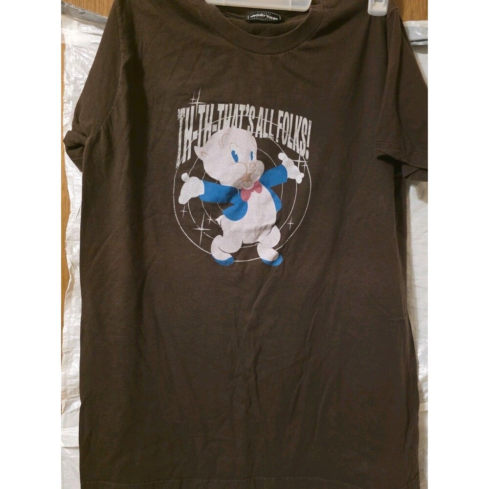 VTG 90s Looney Tunes Collection Porky Pig T Shirt Brown Thats All Folks Size M